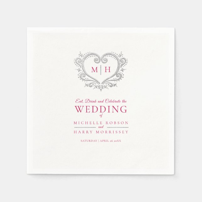 Serviette En Papier Mariage monogramme de couronne de coeur argenté (Devant)