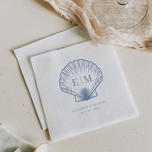 Serviette En Papier Mariage Monogramme du Coastal Blue Seashell (Créateur téléchargé)