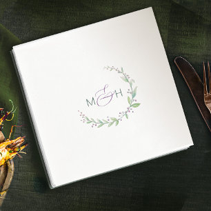Serviette En Papier Mariage monogramme du feuillage vert mauve