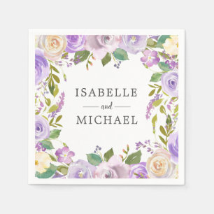 Serviette En Papier Mariage Monogramme Floral Blanc Violet
