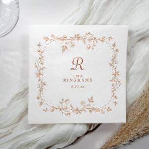 Serviette En Papier Mariage Monogramme Floral Cuivre Orange Français