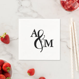 Serviette En Papier Mariage Monogramme Moderne Noir & Blanc