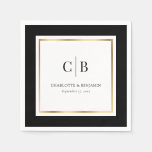 Serviette En Papier Mariage Monogramme noir et or