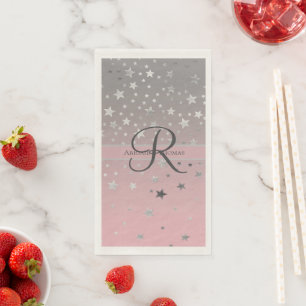 Serviette En Papier Mariage Monogramme Nom Rose Gris Argent Étoiles 