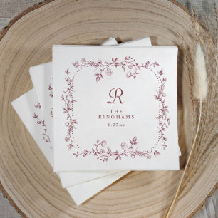 Serviette En Papier Mariage Monogramme Rouge Bourgogne Floral Français