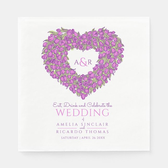 Serviette En Papier Mariage monogramme tulipes violet dessin d'encre d (Devant)
