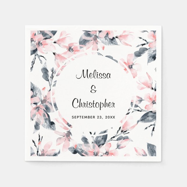 Serviette En Papier Mariage Motif rose et gris Floral (Devant)