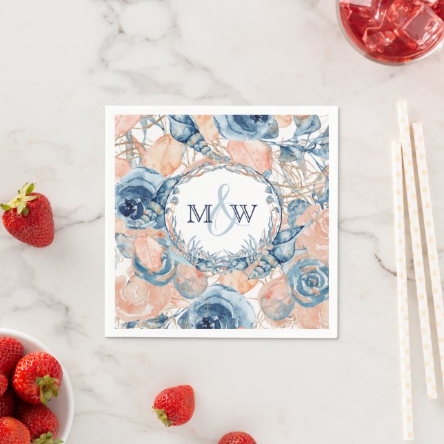 Serviette En Papier Mariage nautique Plage Coquillages Fleurs  (En situation)