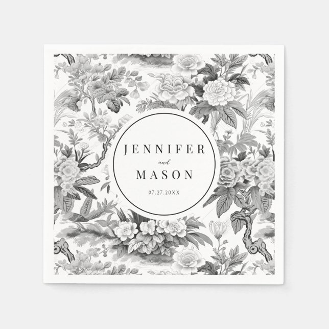 Serviette En Papier Mariage noir blanc fleur monogramme serviettes en  (Devant)
