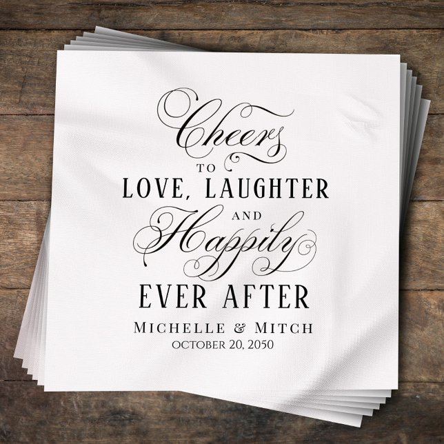 Serviette En Papier Mariage noir et blanc Élégante typographie (Cheers to Love, Laughter, and Happily Ever After cocktail napkin,)