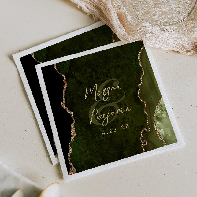Serviette En Papier Mariage Olive Verte Agate Or Écriture (Créateur téléchargé)