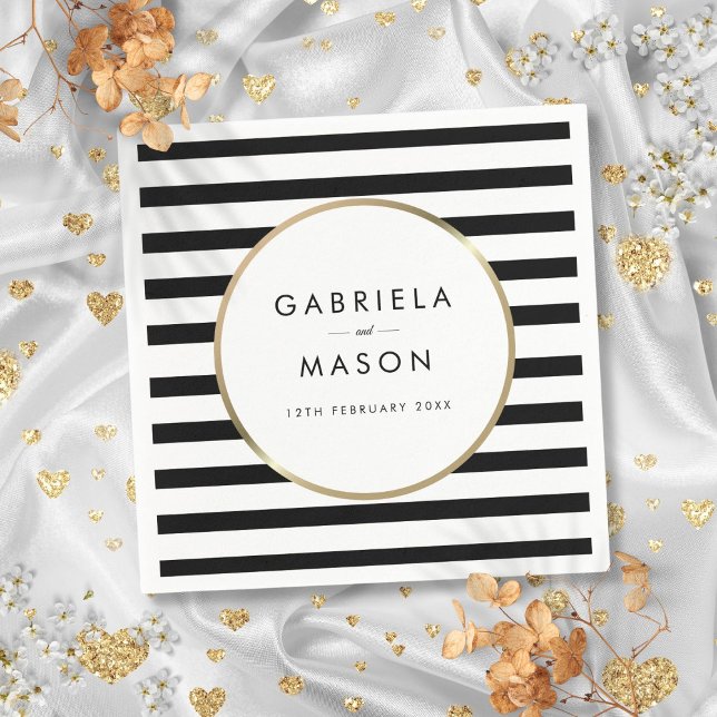 Serviette En Papier Mariage or chic noir et blanc (Black and White Stripe Chic Gold Wedding Napkins)