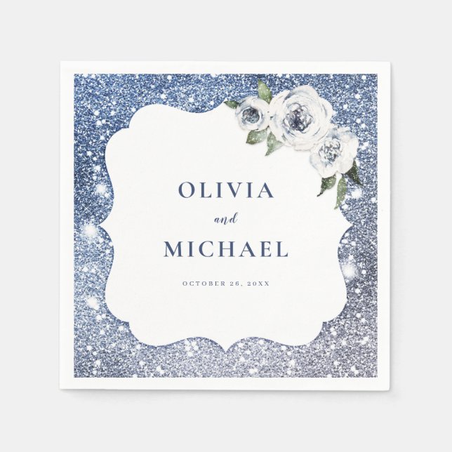 Serviette En Papier Mariage pailleté bleu scintillant et floral (Devant)