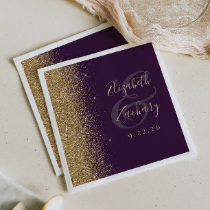 Serviette En Papier Mariage Paillettes Or Violet Foncé Moderne