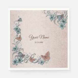 Serviette En Papier Mariage Papillon Floral Cuivre Argent Sarcelle Tan