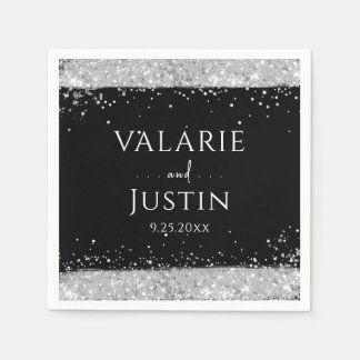 Serviette En Papier Mariage Parties scintillant noir et argent