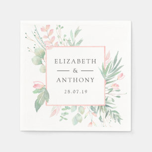 Serviette En Papier Mariage Pastel Rose et Verdure