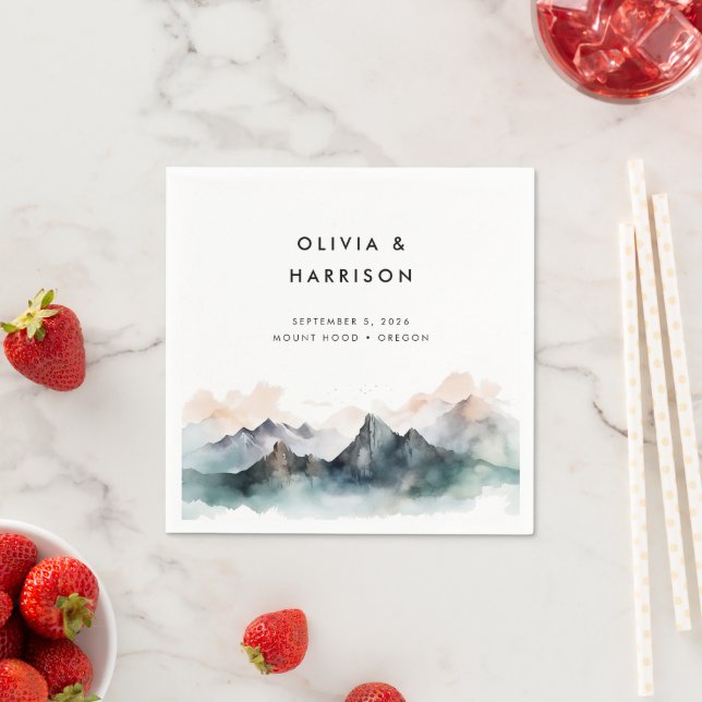 Serviette En Papier Mariage paysager moderne Watercolor Mountain (En situation)