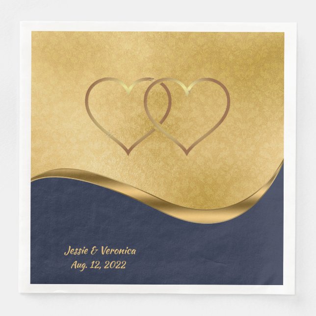 Serviette En Papier Mariage personnalisé bleu marine et or (Devant)