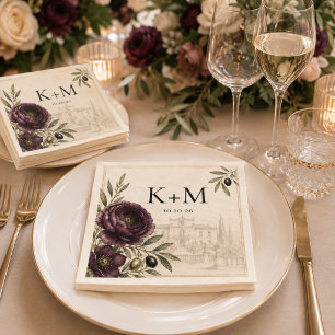 Serviette En Papier Mariage personnalisé botanique à la prune et à l'o