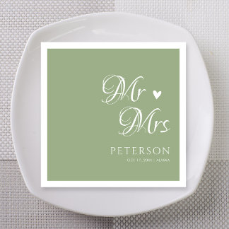 Serviette En Papier Mariage personnalisé cœur vert sauge M & Mme