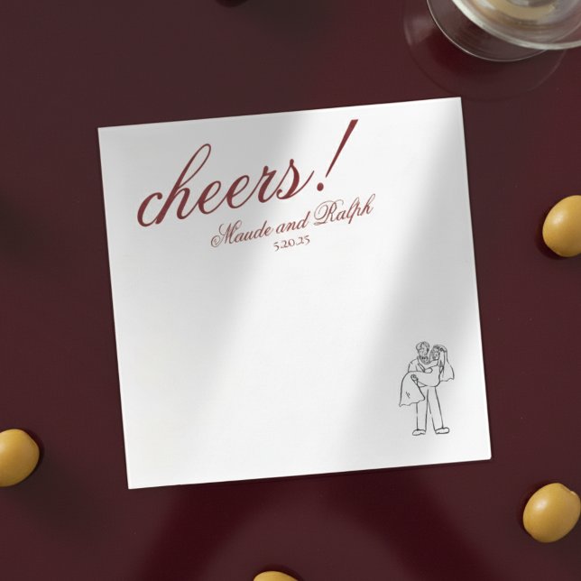 Serviette En Papier Mariage Personnalisé Élégant Rouge Classique (Add a refined pop of personality to your reception with this Old Money Bold Red “Cheers!” Napkins!)