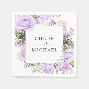 Serviette En Papier Mariage personnalisé floral violet et blanc