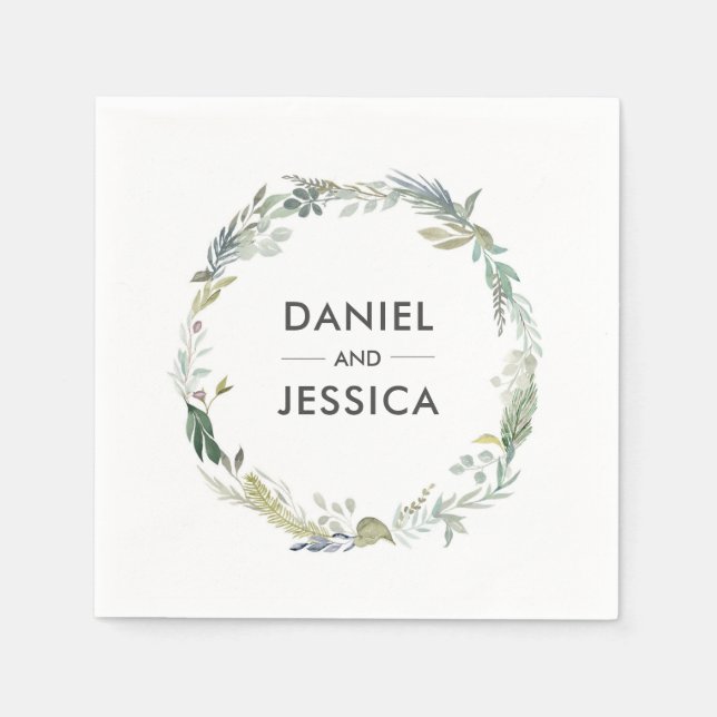 Serviette En Papier Mariage personnalisé Napkin | feuillage vert (Devant)