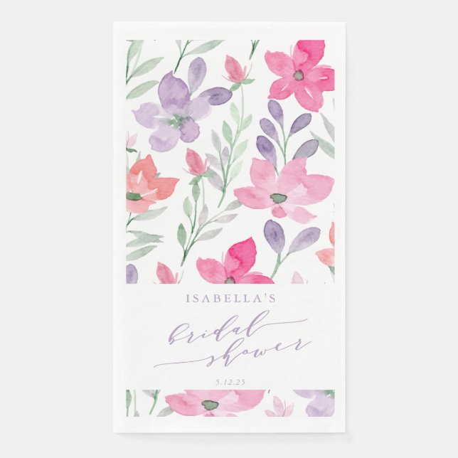 Serviette En Papier Mariage personnalisé rose violet aquarelle floral (Devant)