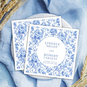 Serviette En Papier Mariage Personnalisé Toile de Jouy Roses Navy Élég