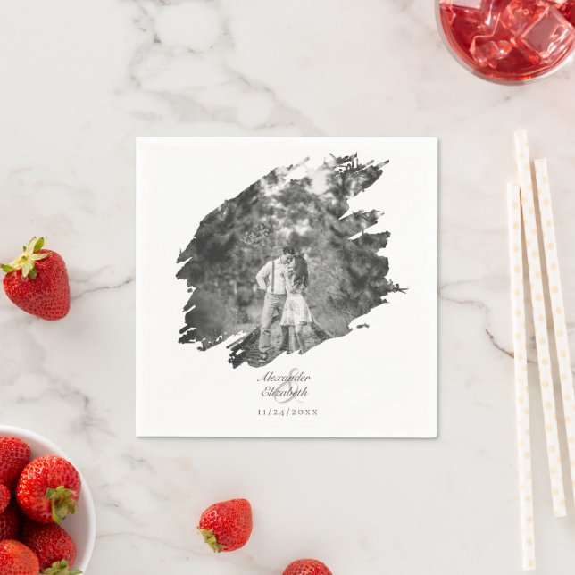 Serviette En Papier Mariage photo moderne Brushstroke | BLANCHE (En situation)