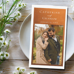 Serviette En Papier Mariage Photo Personnalisé Orange Brûlé Rustique