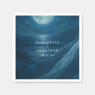 Serviette En Papier Mariage Plage au Clair de Lune Bleu Romantique Nom