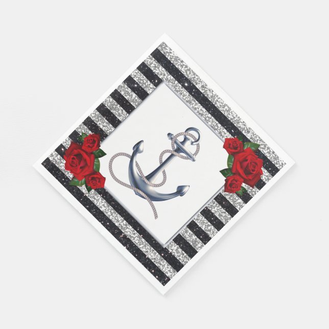 Serviette En Papier Mariage Rayures Noir Argent Ancre Nautique (Coin)