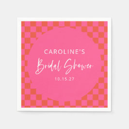 Serviette En Papier Mariage Réception Rose Orange Chaud Damier Rétro