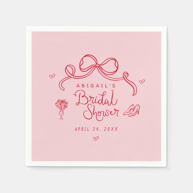 Serviette En Papier Mariage Réception Rose Rouge Rétro Dessinée à la M (Devant)