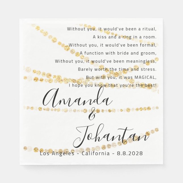 Serviette En Papier Mariage Remercier Poème Lumières Or Confetti Simpl (Devant)