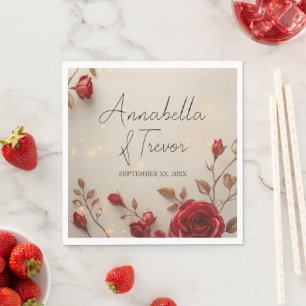 Serviette En Papier Mariage Romantique aux Roses Rouges Enchantées et