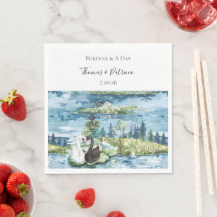 Serviette En Papier Mariage Romantique Cygnes Lys Nénuphars Bleu Lac
