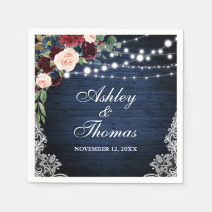 Serviette En Papier Mariage Rustique Bleu Bourgogne Dentelle Florale