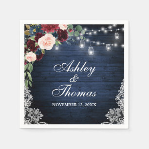 Serviette En Papier Mariage Rustique Bleu Bourgogne Lumières de dentel