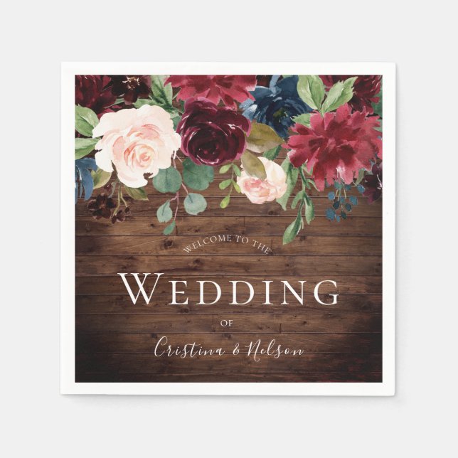 Serviette En Papier Mariage Rustique Bourgogne Rouge Fleurs de Vins (Devant)
