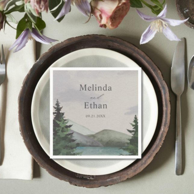 Serviette En Papier Mariage Rustique Mountain & Lake Evergreen (Créateur téléchargé)