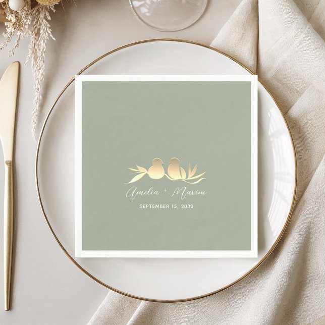 Serviette En Papier Mariage Sage Green Gold Lovebirds (Créateur téléchargé)