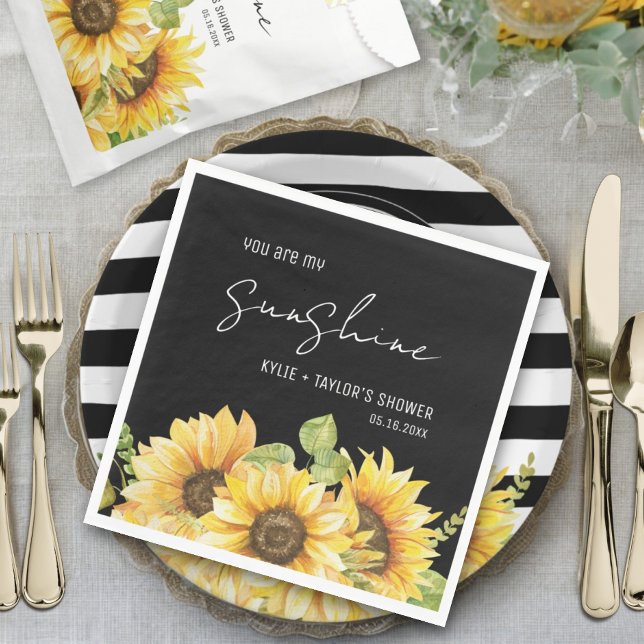 Serviette En Papier Mariage Shower Tournesol Noms Noir et Blanc (Créateur téléchargé)