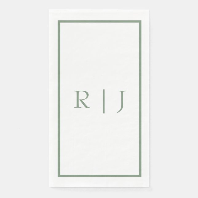 Serviette En Papier Mariage Simple Blanc avec Monogramme Vert Sauge (Devant)