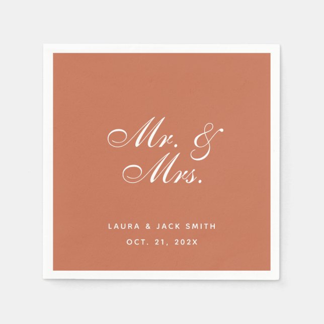 Serviette En Papier Mariage Terracotta M. et Mme Brown White Script (Devant)