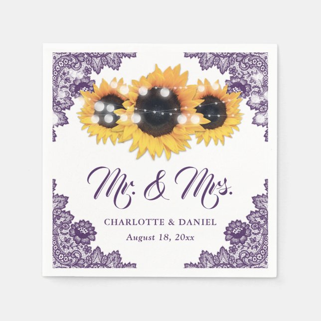 Serviette En Papier Mariage Tournesol en Dentelle Fleurie Violette (Devant)
