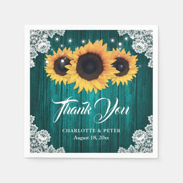 Serviette En Papier Mariage Turquoise en dentelle de bois rustique (Devant)