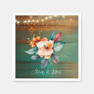 Serviette En Papier Mariage turquoise et Cuivre Lumières florales